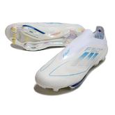 Chuteira Campo Adidas F50+ Elite Sem Cadarço FG Branca e Azul